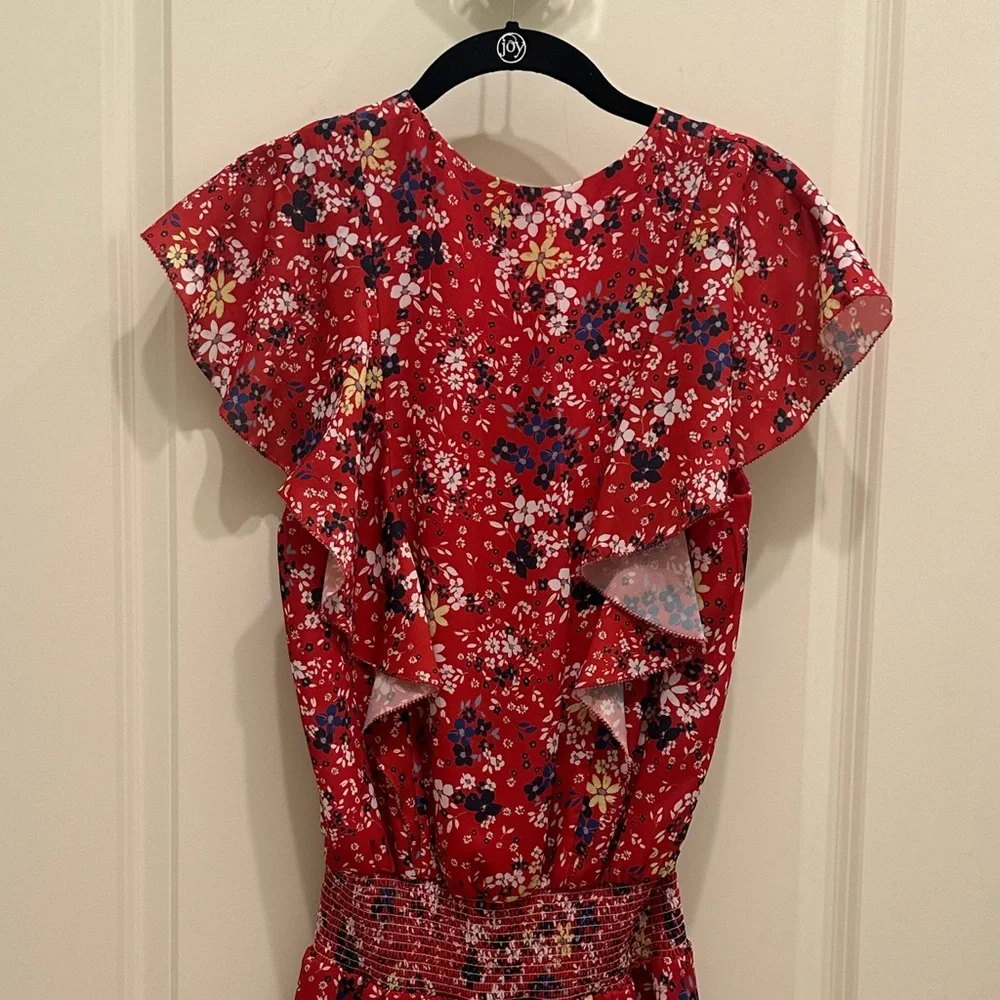 Parker Red Floral Blue Yellow White Print V-Neck Ruffle Elastic Mini Dress XS - Picture 6 of 7
